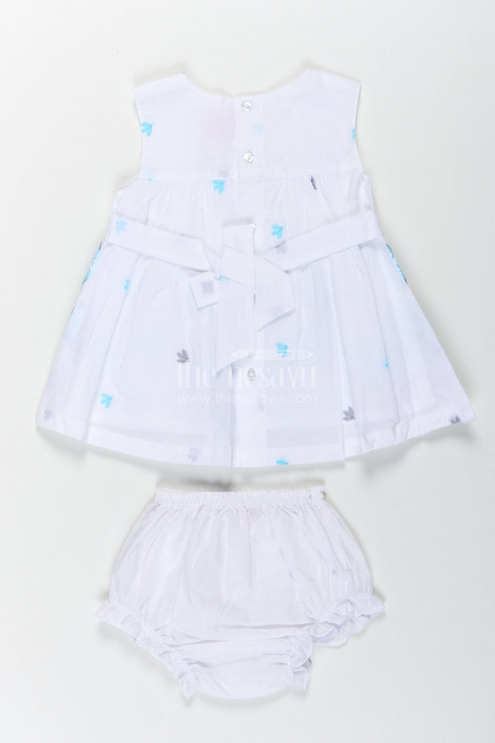 The Nesavu Baby Cotton Frocks Frock Suit Readymade in White Cotton with Blue Embroidery and Decorative Cutwork Hem Nesavu Frock Suit Readymade White Cotton Blue Embroidery Cutwork Hem | The Nesavu