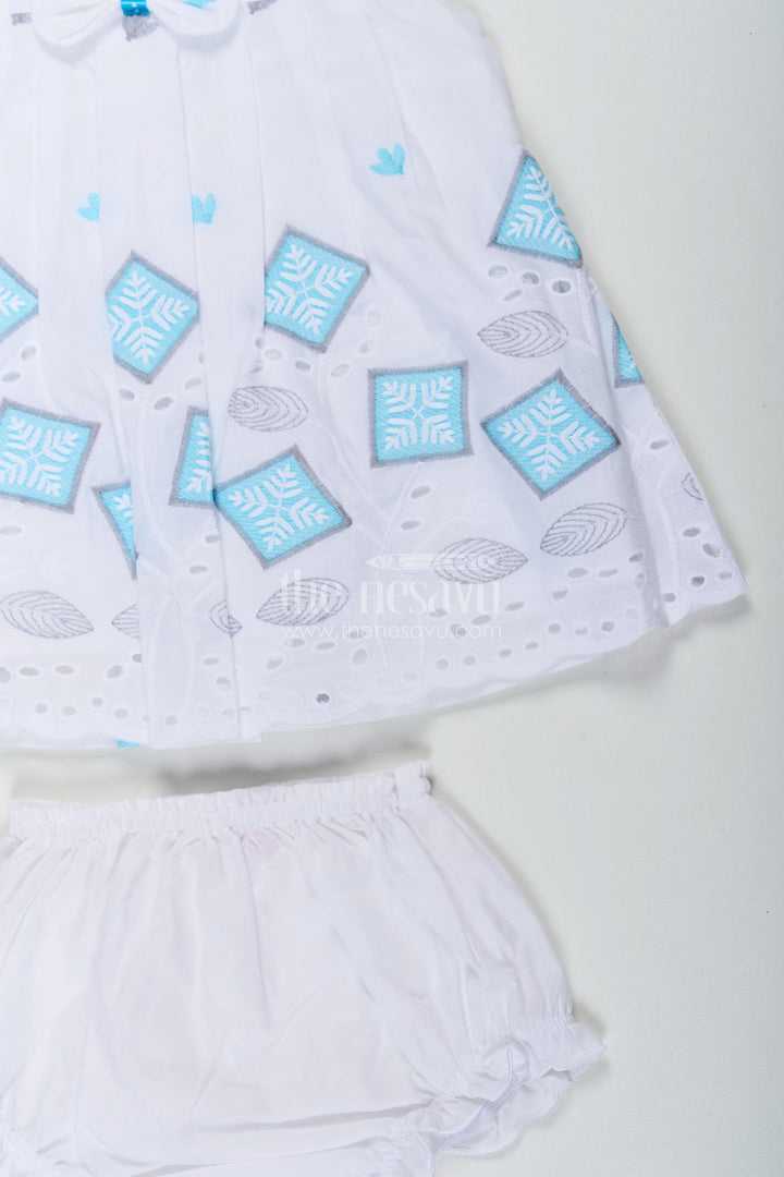 The Nesavu Baby Cotton Frocks Frock Suit Readymade in White Cotton with Blue Embroidery and Decorative Cutwork Hem Nesavu Frock Suit Readymade White Cotton Blue Embroidery Cutwork Hem | The Nesavu