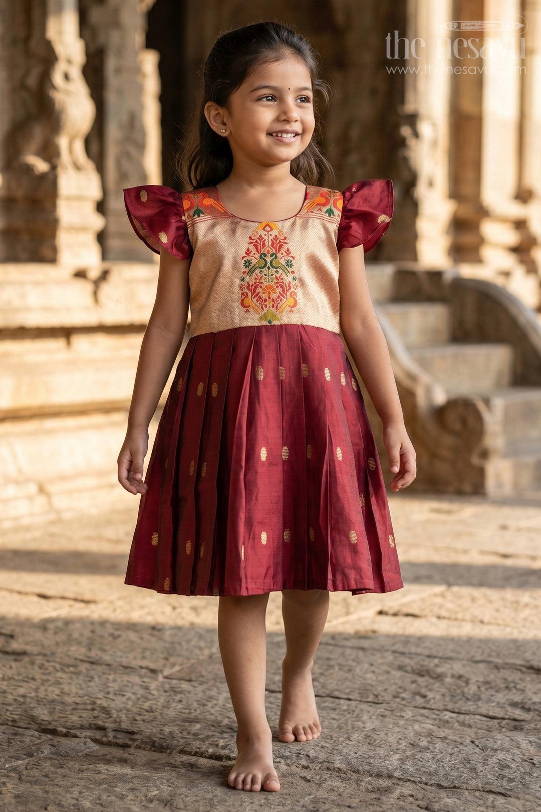The Nesavu Silk Frock Frocks Silk Dress for Girls in Maroon Chanderi with Embellished Yoke and Paithani Border Details Nesavu 18 (2Y) / Red SF1013A-18 Nesavu Frocks Silk Dress Girls Chanderi Silk Paithani Embellished Yoke Puff Sleeves
