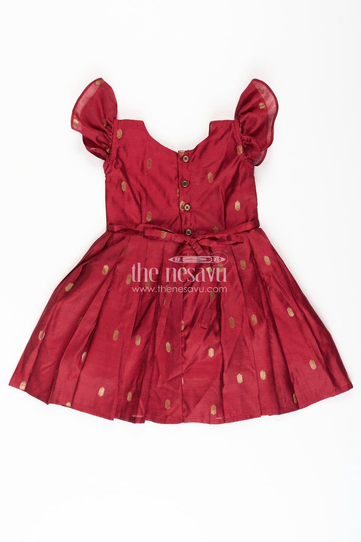 The Nesavu Silk Frock Frocks Silk Dress for Girls in Maroon Chanderi with Embellished Yoke and Paithani Border Details Nesavu Nesavu Frocks Silk Dress Girls Chanderi Silk Paithani Embellished Yoke Puff Sleeves