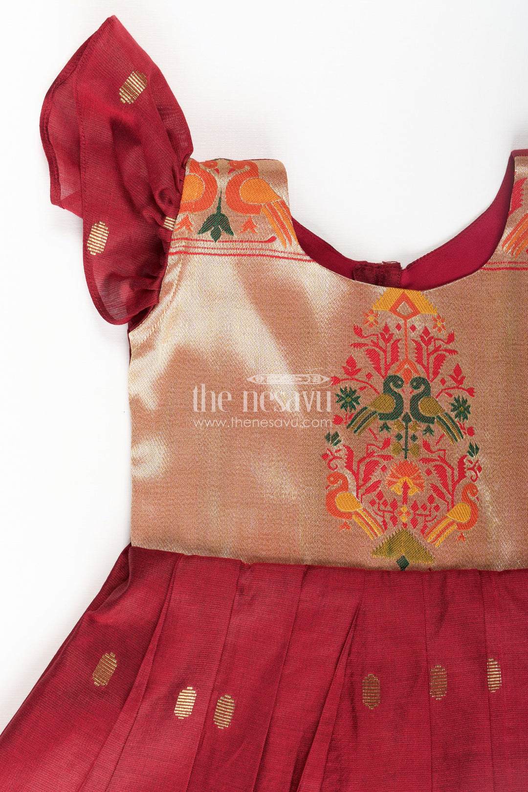 The Nesavu Silk Frock Frocks Silk Dress for Girls in Maroon Chanderi with Embellished Yoke and Paithani Border Details Nesavu Nesavu Frocks Silk Dress Girls Chanderi Silk Paithani Embellished Yoke Puff Sleeves