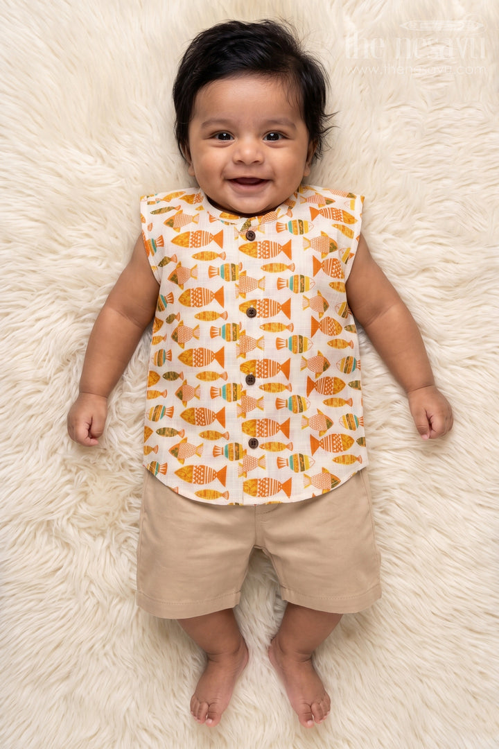 The Nesavu Baby Jablas Front-open Cotton Jabla with Fish Print for Baby Boys and Girls Nesavu 10 (NB) / Orange / Cotton IF049C-10 Nesavu front-open cotton jabla with fish digital print – easy-wear daily essential for babies
