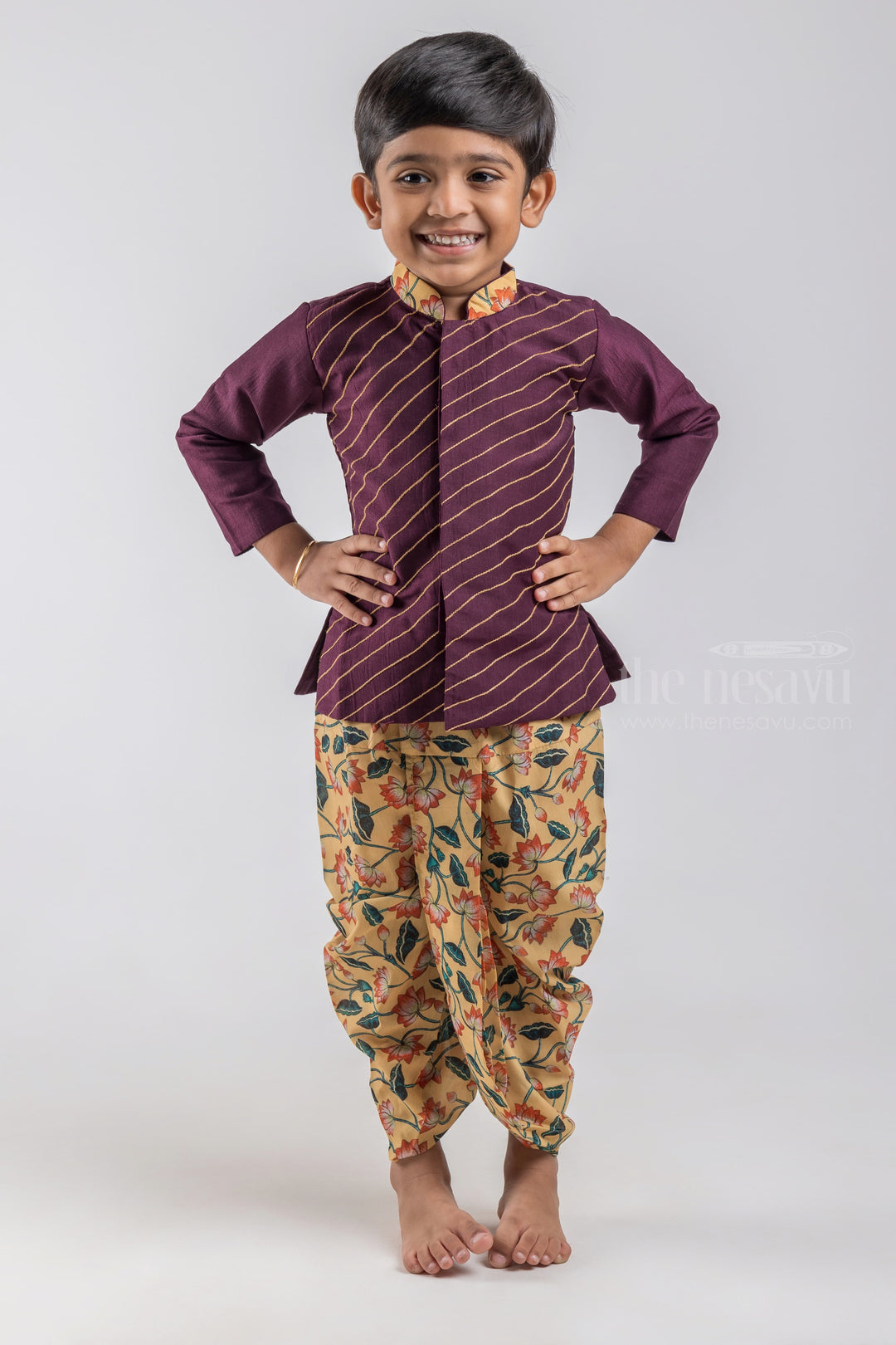 The Nesavu Boys Dothi Set Full Front Stripes Embroidered Brown Silk Cotton Kurta with Floral Printed Dhoti for Boys psr silks Nesavu 10 (NB) / Brown / Silk Cotton BES355B