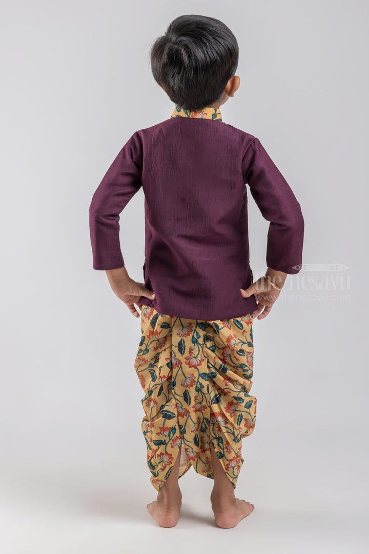 The Nesavu Boys Dothi Set Full Front Stripes Embroidered Brown Silk Cotton Kurta with Floral Printed Dhoti for Boys psr silks Nesavu