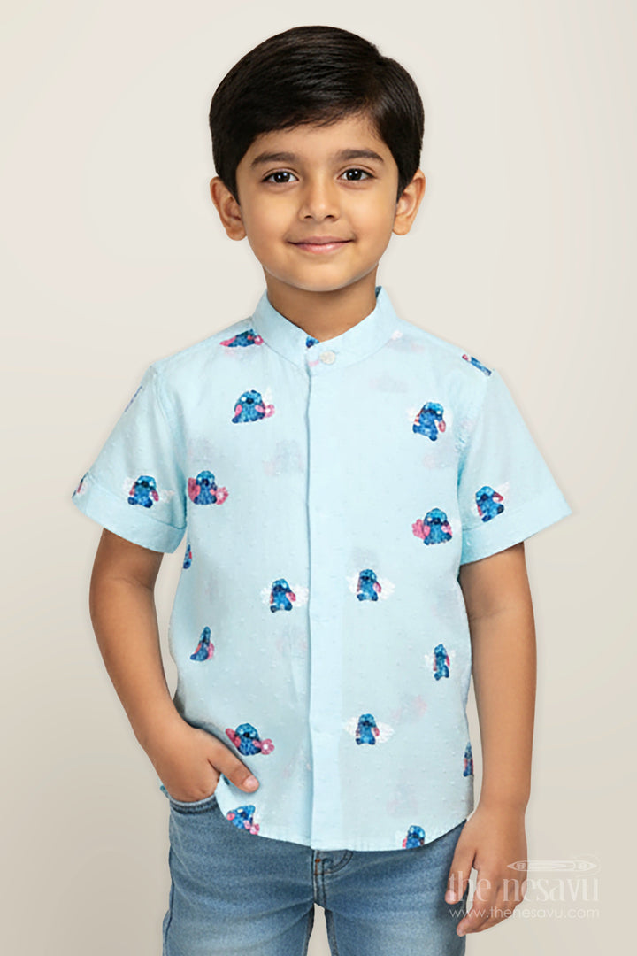 The Nesavu Boys Cotton Shirt Fun Casual Shirt for Toddlers in Designer Georgette with Digital Cartoon Print On Light Aqua Base Nesavu 16 (1Y) / Blue BS293A-16 Nesavu Fun Casual Shirt Toddlers Designer Georgette Cartoon Digital Print Aqua Base