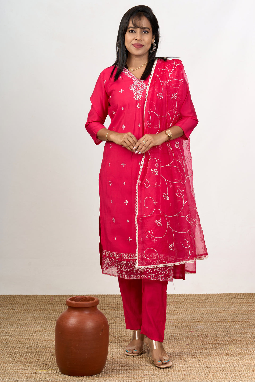 The Nesavu Womens Straight Suit Sets Function Wear Kurtas Womens Straight Suit Set in Blend Silk with Elegant Floral Detailing Nesavu 38 (M) / Pink WTH072B-38 Nesavu Function Wear Kurtas Womens Blend Silk Straight Suit Set Floral Embroidery