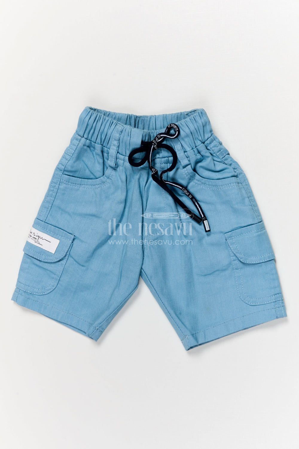 The Nesavu Boys Shorts Functional Cotton Boys Shorts with Twin Flap Pockets and Patch Detail Nesavu 14 (6M) / Blue / Cotton BWS069B-14 Boys cotton shorts with utility-style pockets and label detailing