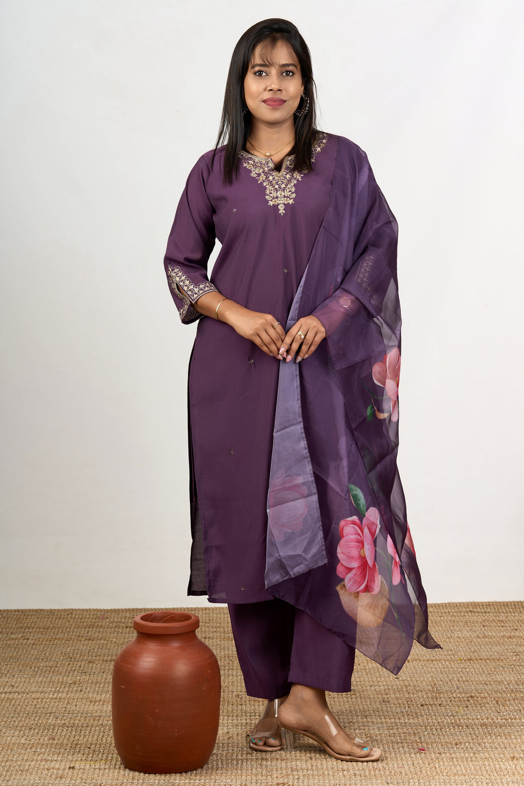 The Nesavu Womens Straight Suit Sets Fusion Kurta Sets in Purple Blend Silk with Embroidered Neckline and Floral Dupatta Nesavu 38 (M) / Purple WTH059B-38 Fusion Purple Blend Silk Kurta Sets Embroidered Neckline Floral Dupatta Women | The Nesavu