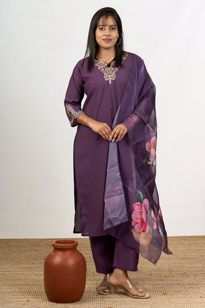 The Nesavu Womens Straight Suit Sets Fusion Kurta Sets in Purple Blend Silk with Embroidered Neckline and Floral Dupatta Nesavu 38 (M) / Purple WTH059B-38 Fusion Purple Blend Silk Kurta Sets Embroidered Neckline Floral Dupatta Women | The Nesavu