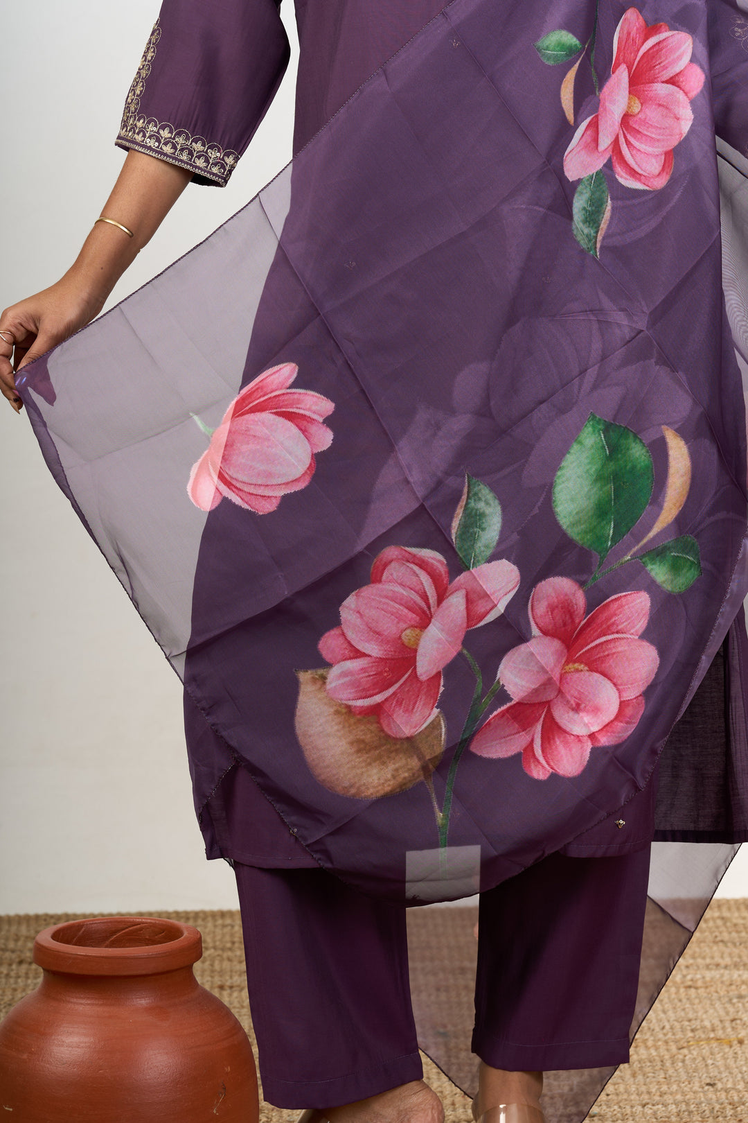 The Nesavu Womens Straight Suit Sets Fusion Kurta Sets in Purple Blend Silk with Embroidered Neckline and Floral Dupatta Nesavu Fusion Purple Blend Silk Kurta Sets Embroidered Neckline Floral Dupatta Women | The Nesavu