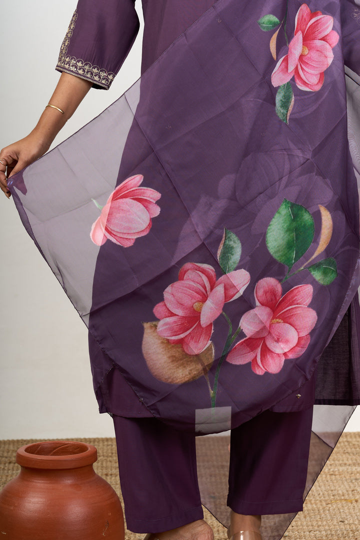 The Nesavu Womens Straight Suit Sets Fusion Kurta Sets in Purple Blend Silk with Embroidered Neckline and Floral Dupatta Nesavu Fusion Purple Blend Silk Kurta Sets Embroidered Neckline Floral Dupatta Women | The Nesavu