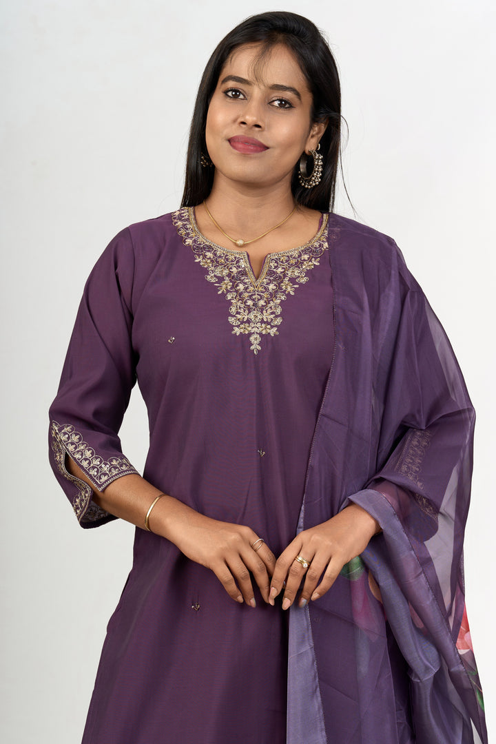 The Nesavu Womens Straight Suit Sets Fusion Kurta Sets in Purple Blend Silk with Embroidered Neckline and Floral Dupatta Nesavu Fusion Purple Blend Silk Kurta Sets Embroidered Neckline Floral Dupatta Women | The Nesavu