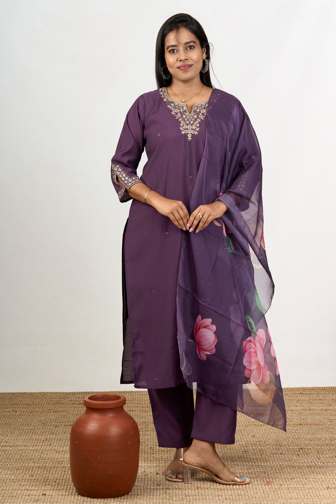 The Nesavu Womens Straight Suit Sets Fusion Kurta Sets in Purple Blend Silk with Embroidered Neckline and Floral Dupatta Nesavu Fusion Purple Blend Silk Kurta Sets Embroidered Neckline Floral Dupatta Women | The Nesavu