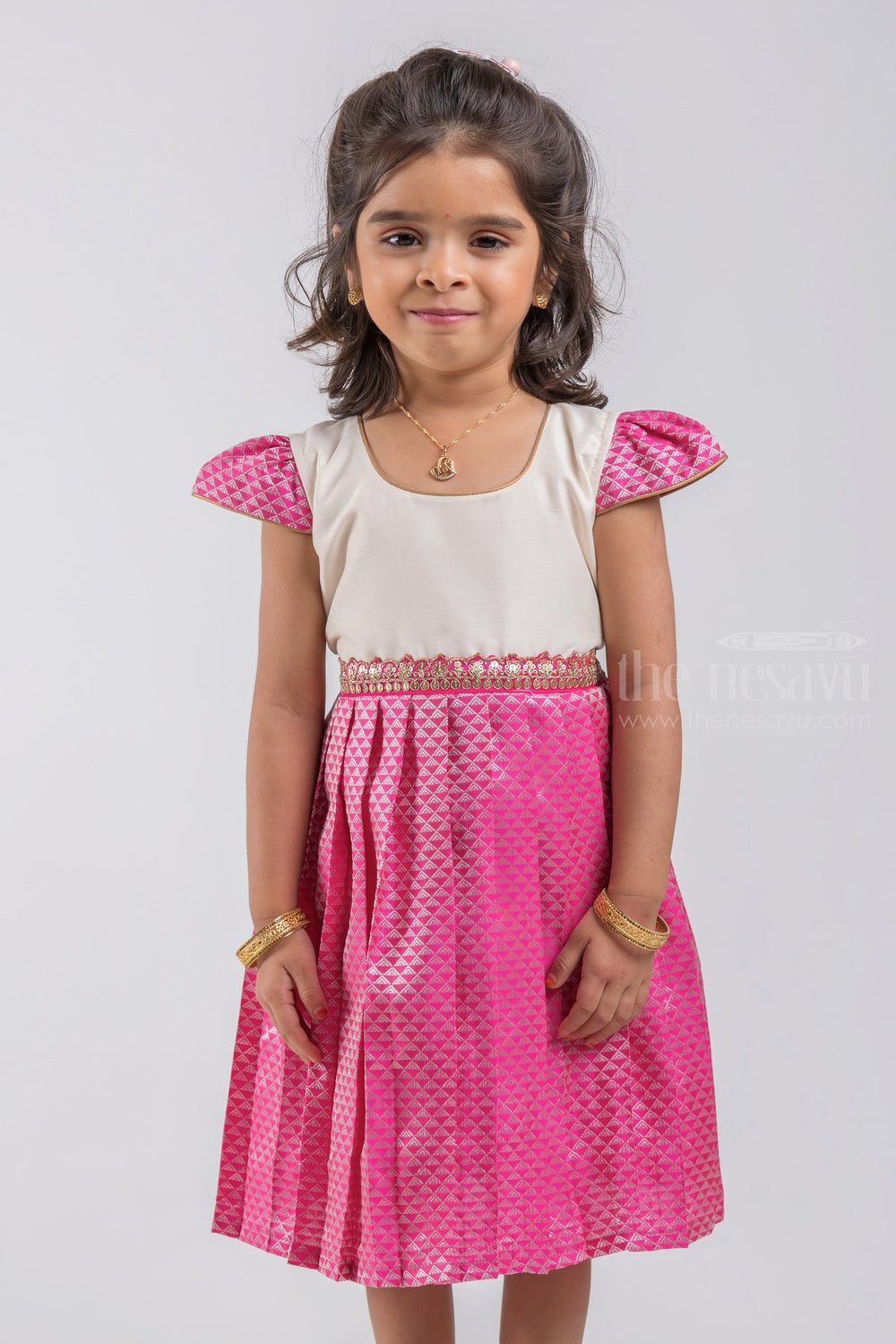 The Nesavu Silk Embroidered Frock Geometrical Designer Knife Pleated Pink Silk Frock with White Yoke for Girls psr silks Nesavu