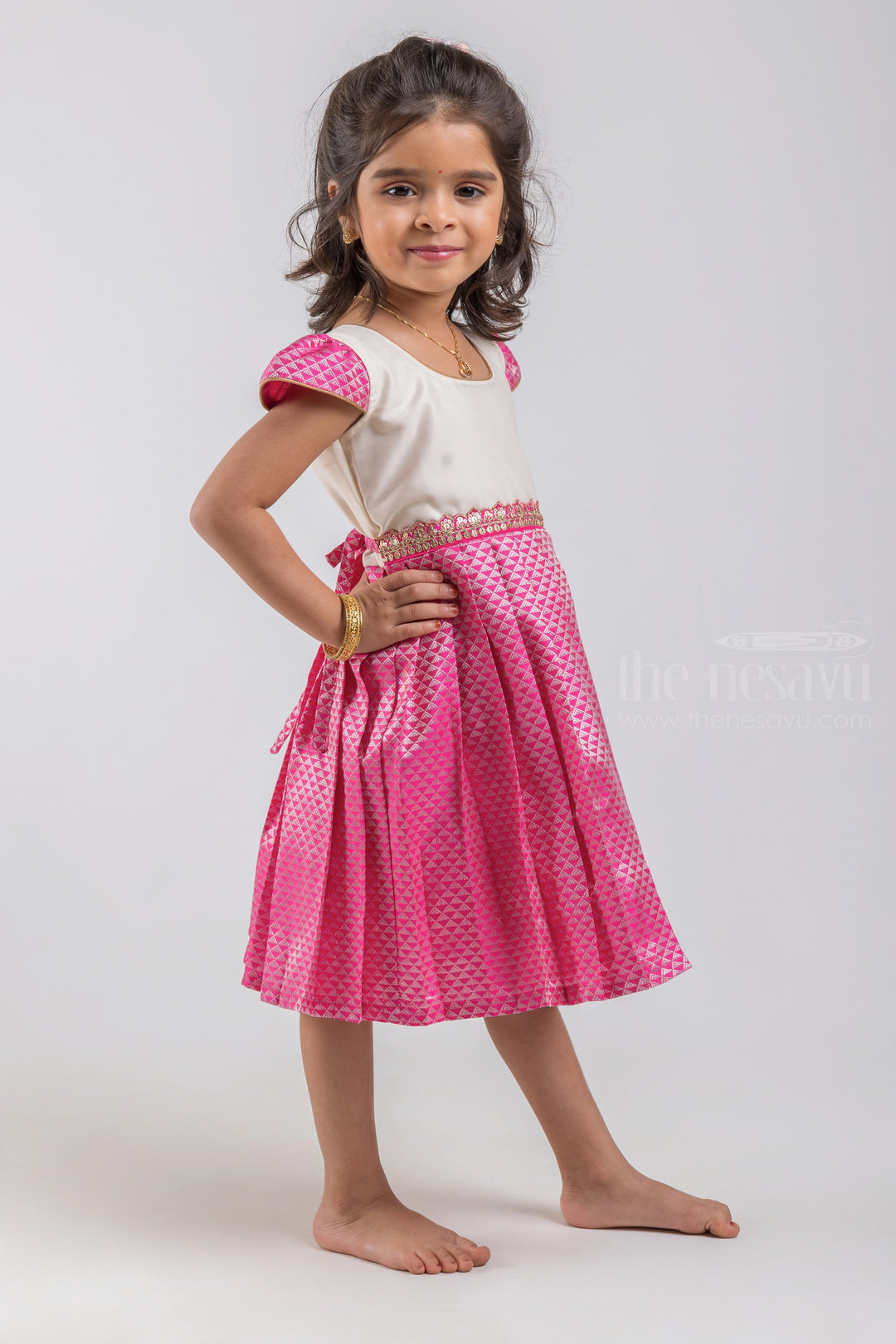 The Nesavu Silk Embroidered Frock Geometrical Designer Knife Pleated Pink Silk Frock with White Yoke for Girls psr silks Nesavu