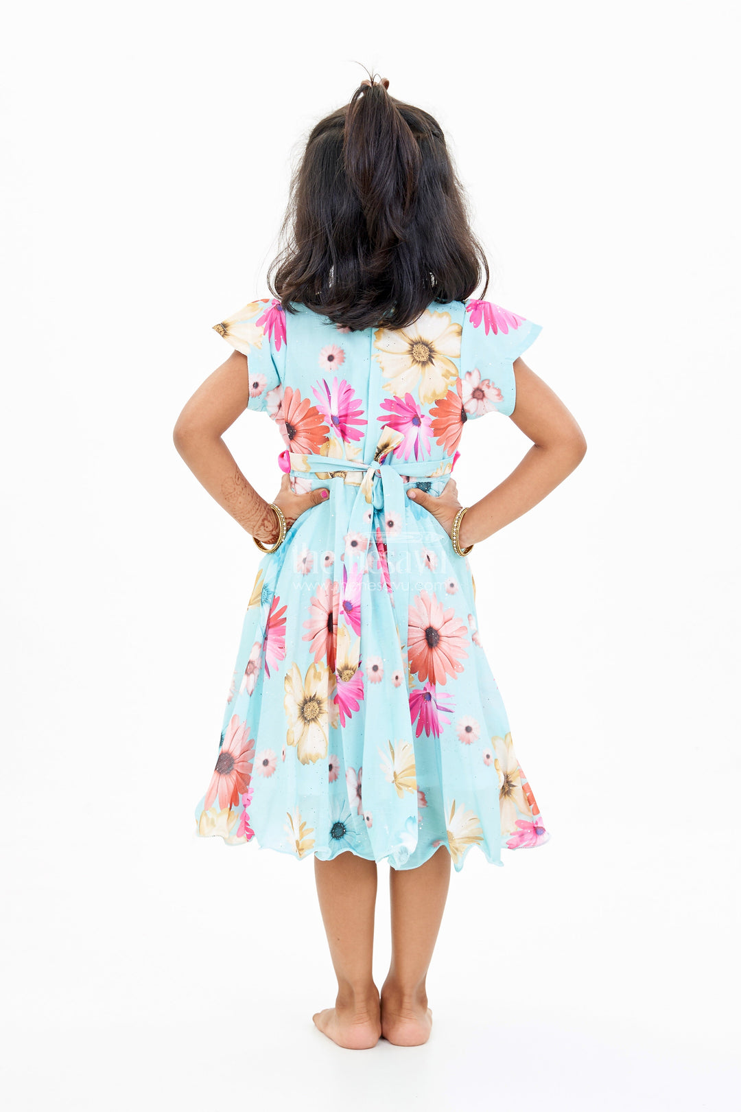 The Nesavu Girls Fancy Frock Georgette Floral Frocks for Girls with Ruffled Sleeves and Satin Waist Belt Nesavu Georgette Floral Frocks Girls Ruffled Sleeves Satin Waist Belt | The Nesavu