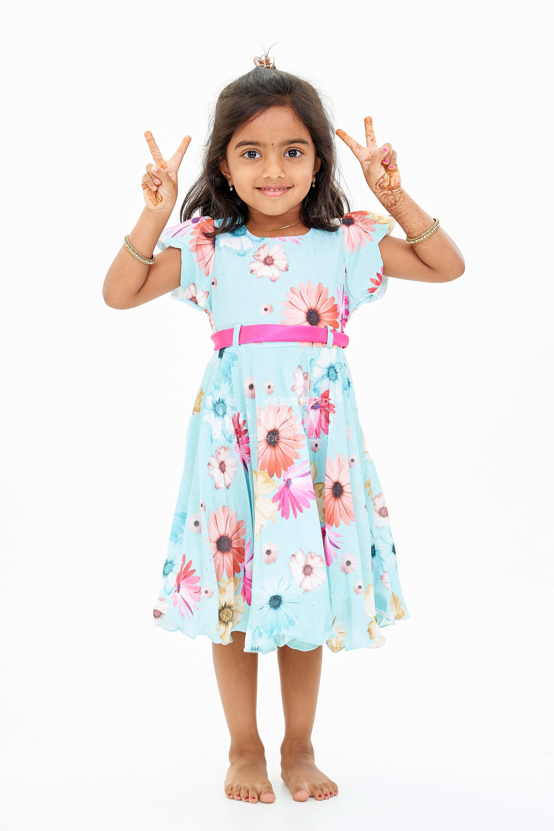 The Nesavu Girls Fancy Frock Georgette Floral Frocks for Girls with Ruffled Sleeves and Satin Waist Belt Nesavu Georgette Floral Frocks Girls Ruffled Sleeves Satin Waist Belt | The Nesavu
