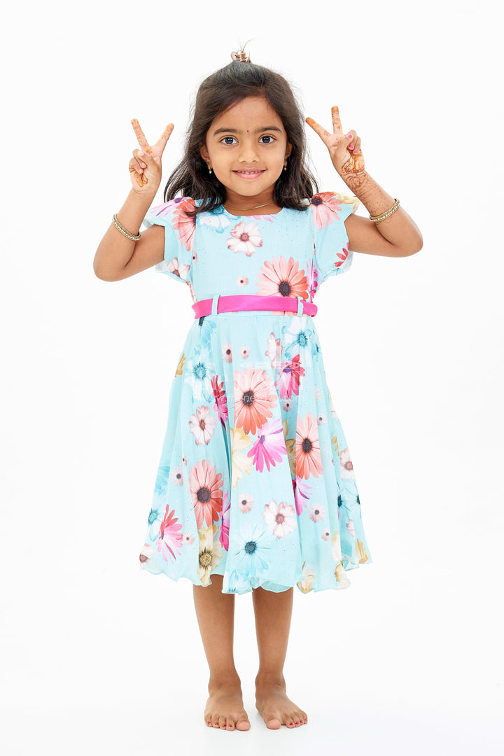 The Nesavu Girls Fancy Frock Georgette Floral Frocks for Girls with Ruffled Sleeves and Satin Waist Belt Nesavu Georgette Floral Frocks Girls Ruffled Sleeves Satin Waist Belt | The Nesavu