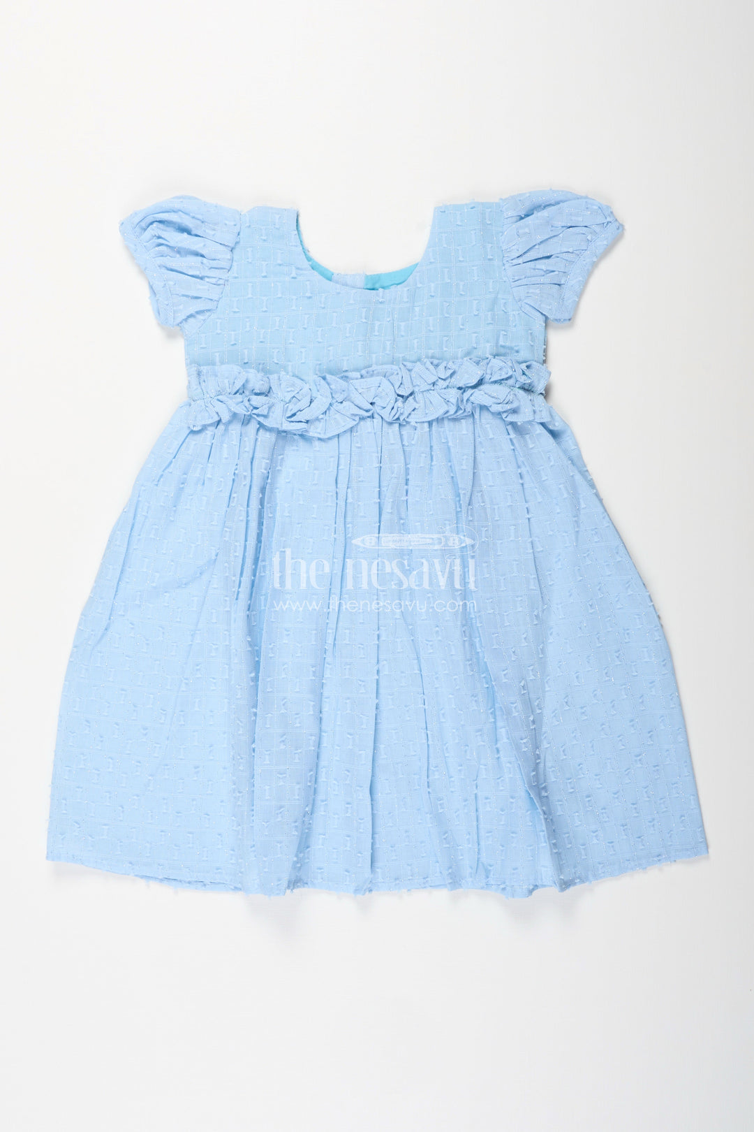 The Nesavu Girls Cotton Frock Georgette Frock for Toddler Girls with Ruffle Sleeves Nesavu 18 (2Y) / Blue GFC1946A-18 Nesavu toddler girls blue georgette frock with ruffled straps and gathered flare for summer occasions