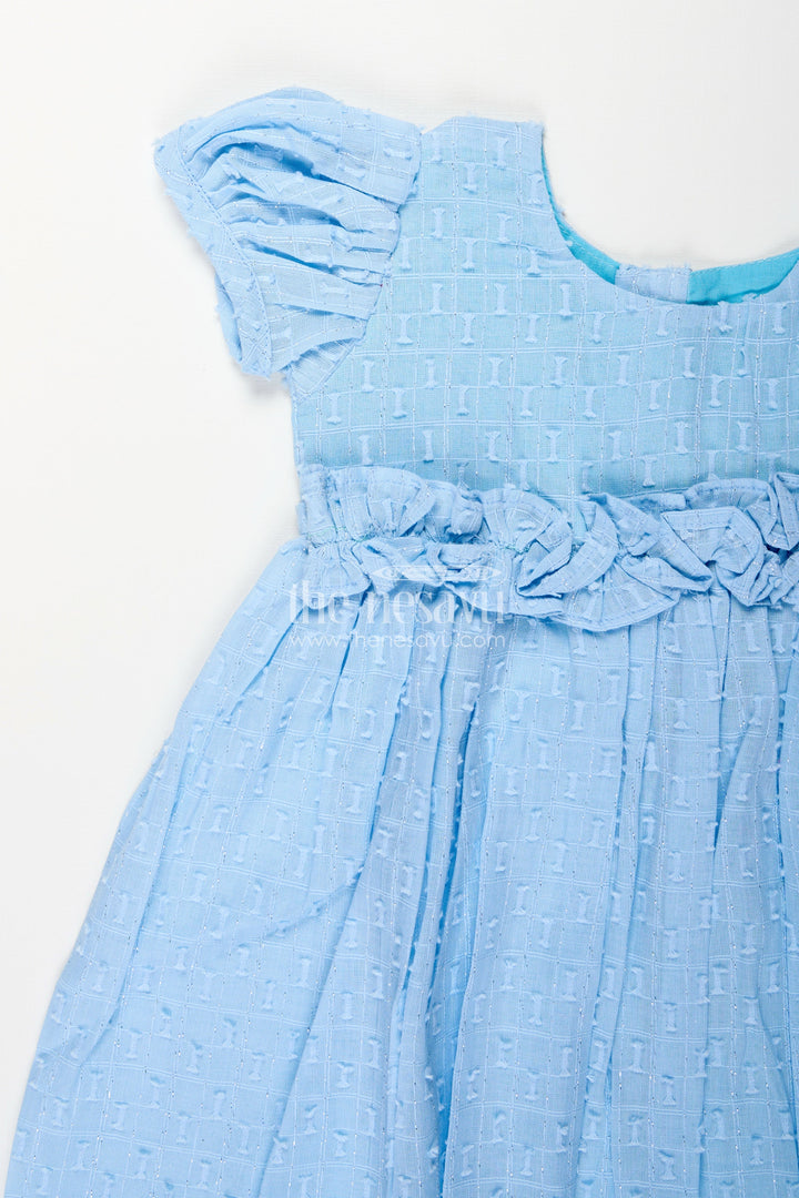 The Nesavu Girls Cotton Frock Georgette Frock for Toddler Girls with Ruffle Sleeves Nesavu Nesavu toddler girls blue georgette frock with ruffled straps and gathered flare for summer occasions