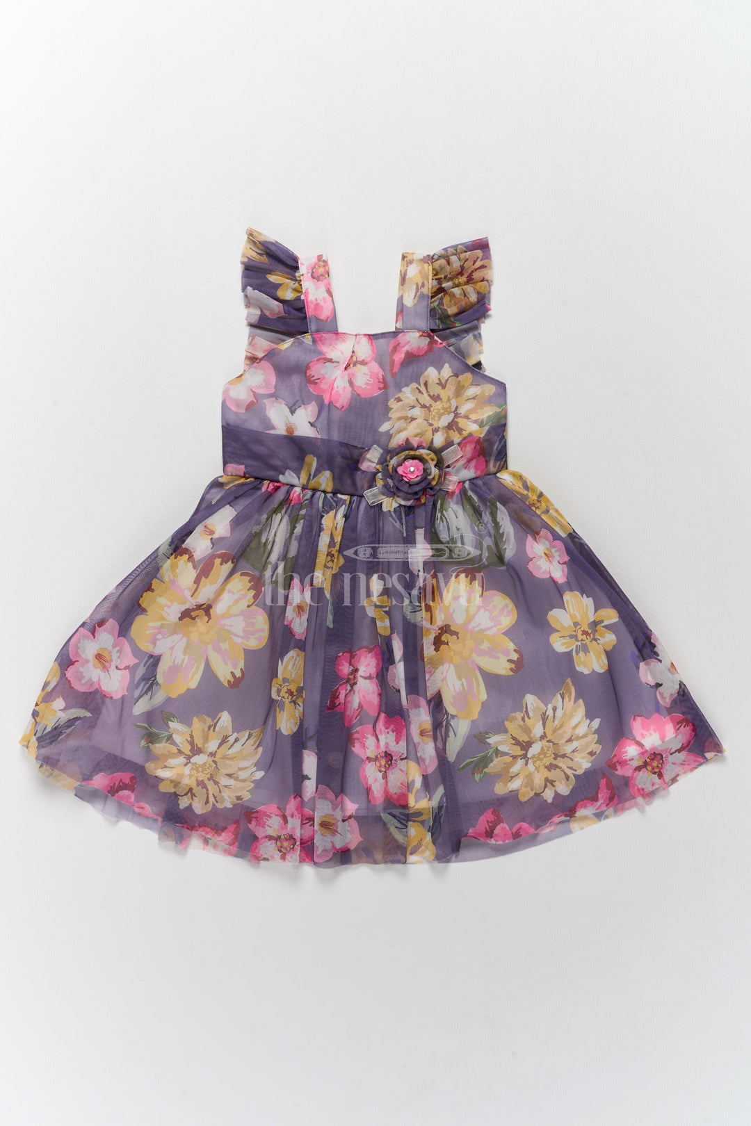 The Nesavu Girls Fancy Frock Georgette Girls Dress with Bold Yellow Floral Prints and Ruffled Shoulder Straps Nesavu 20 (3Y) / Gray GFC1530A-20 Georgette Girls Dress Nesavu - Yellow Floral Prints Ruffled Straps