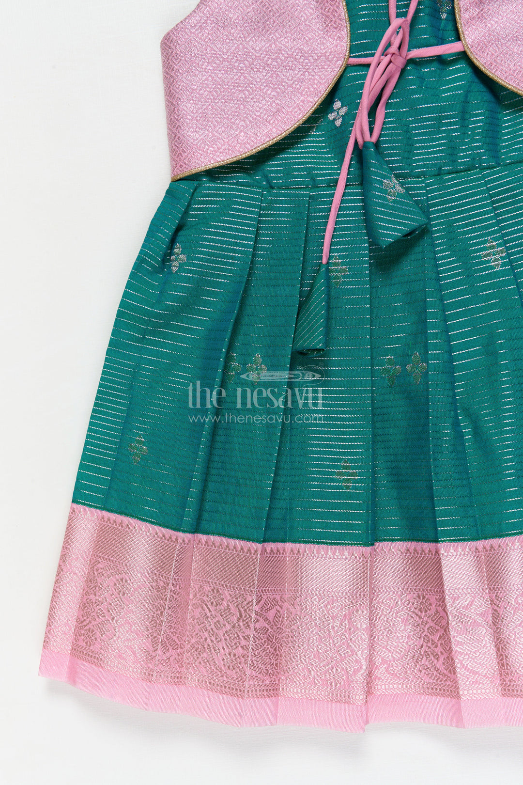 The Nesavu Girls Kanchi Silk Frock Gifting-friendly Silk Frock for Toddler Girls with Kanchivaram Saree Inspired Design Nesavu Nesavu toddler girl silk frock with zari woven design and contrast yoke – perfect for gifting and festive wear