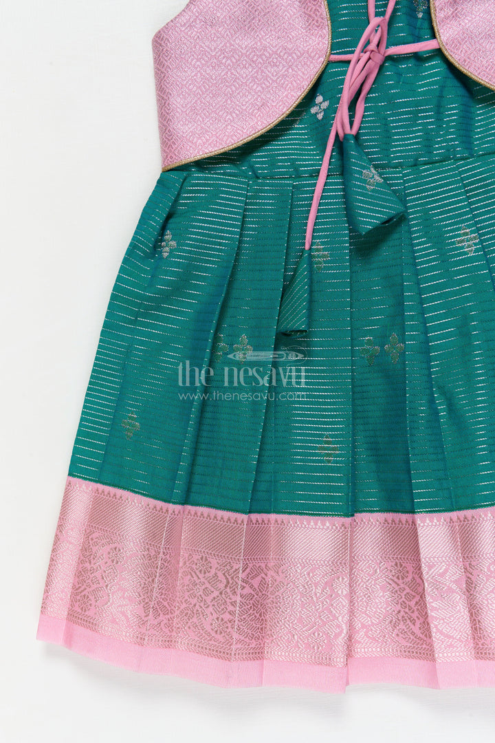 The Nesavu Girls Kanchi Silk Frock Gifting-friendly Silk Frock for Toddler Girls with Kanchivaram Saree Inspired Design Nesavu Nesavu toddler girl silk frock with zari woven design and contrast yoke – perfect for gifting and festive wear