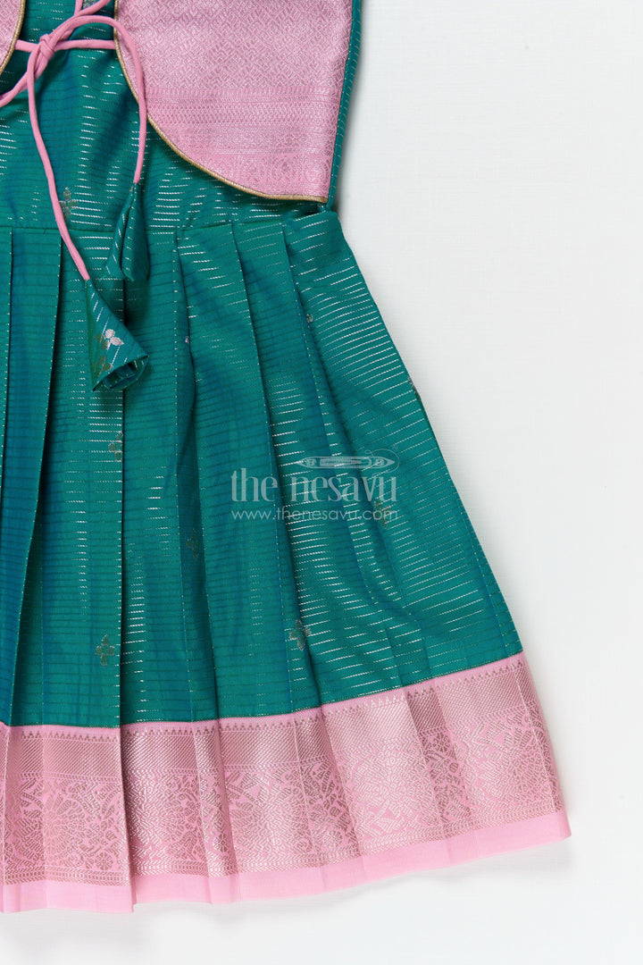 The Nesavu Girls Kanchi Silk Frock Gifting-friendly Silk Frock for Toddler Girls with Kanchivaram Saree Inspired Design Nesavu Nesavu toddler girl silk frock with zari woven design and contrast yoke – perfect for gifting and festive wear