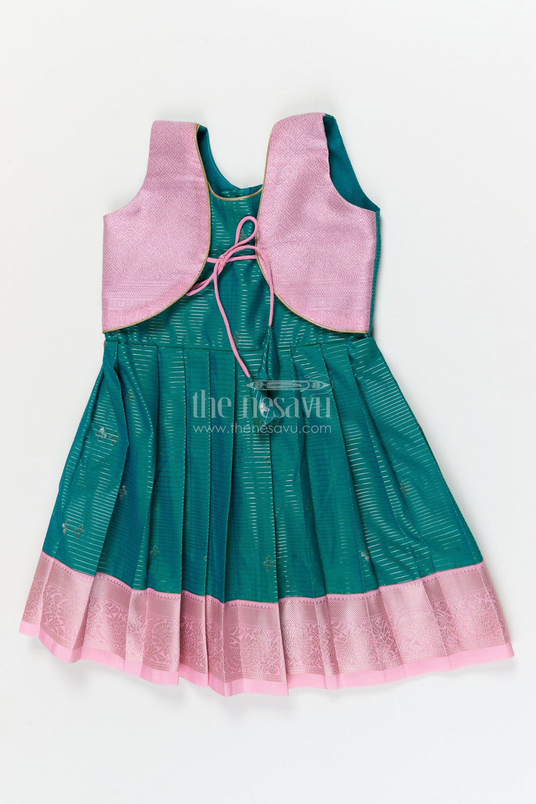 The Nesavu Girls Kanchi Silk Frock Gifting-friendly Silk Frock for Toddler Girls with Kanchivaram Saree Inspired Design Nesavu Nesavu toddler girl silk frock with zari woven design and contrast yoke – perfect for gifting and festive wear