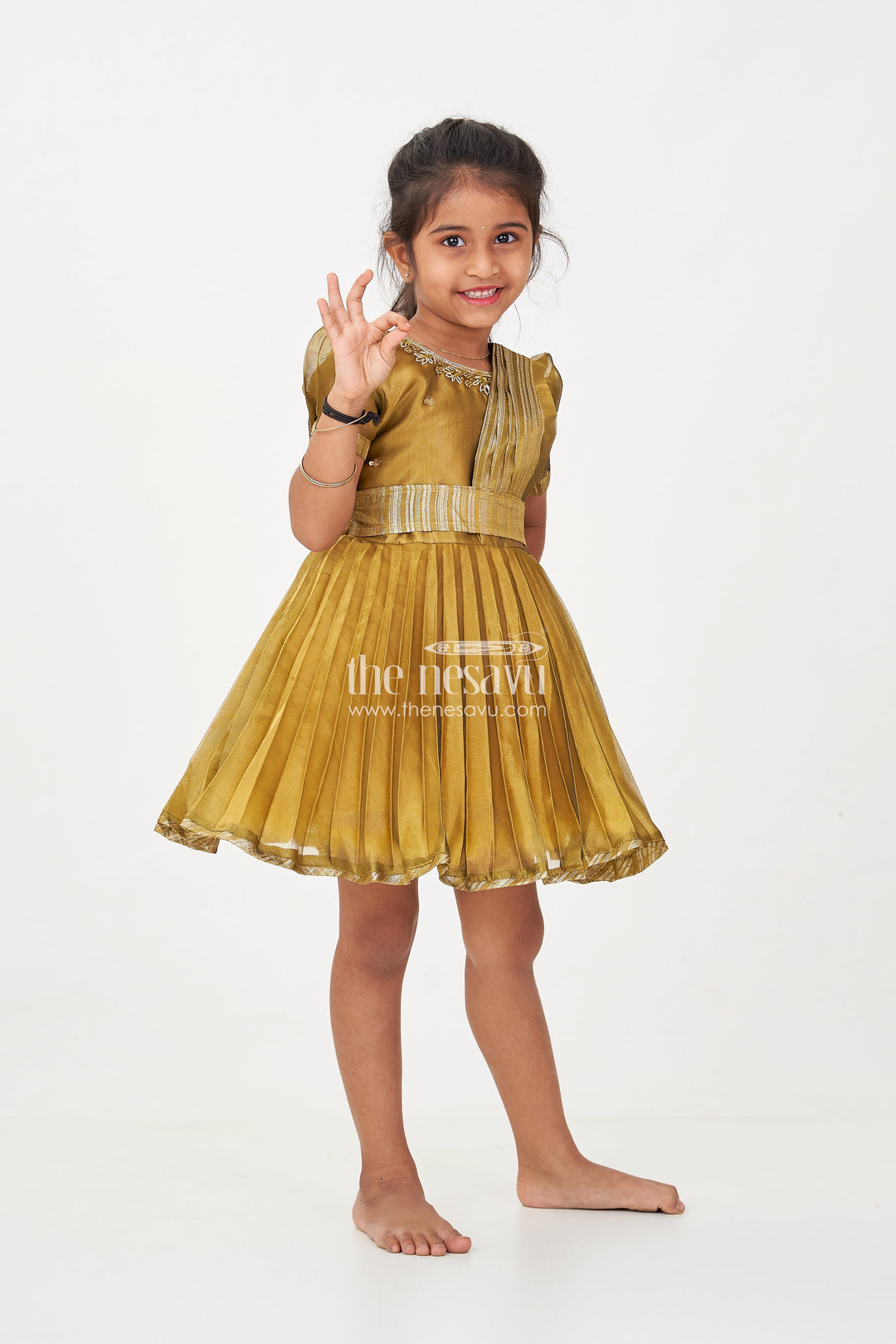 The Nesavu Silk Party Frock Girl Birthday Frock in Olive Tissue Blend Silk with Sequin Embellishments and Matching Dupatta Nesavu 16 (1Y) / Green SF989A-16 Girl Birthday Frock in Olive Tissue Silk with Sequins and Matching Dupatta for Traditional Glam | The Nesavu