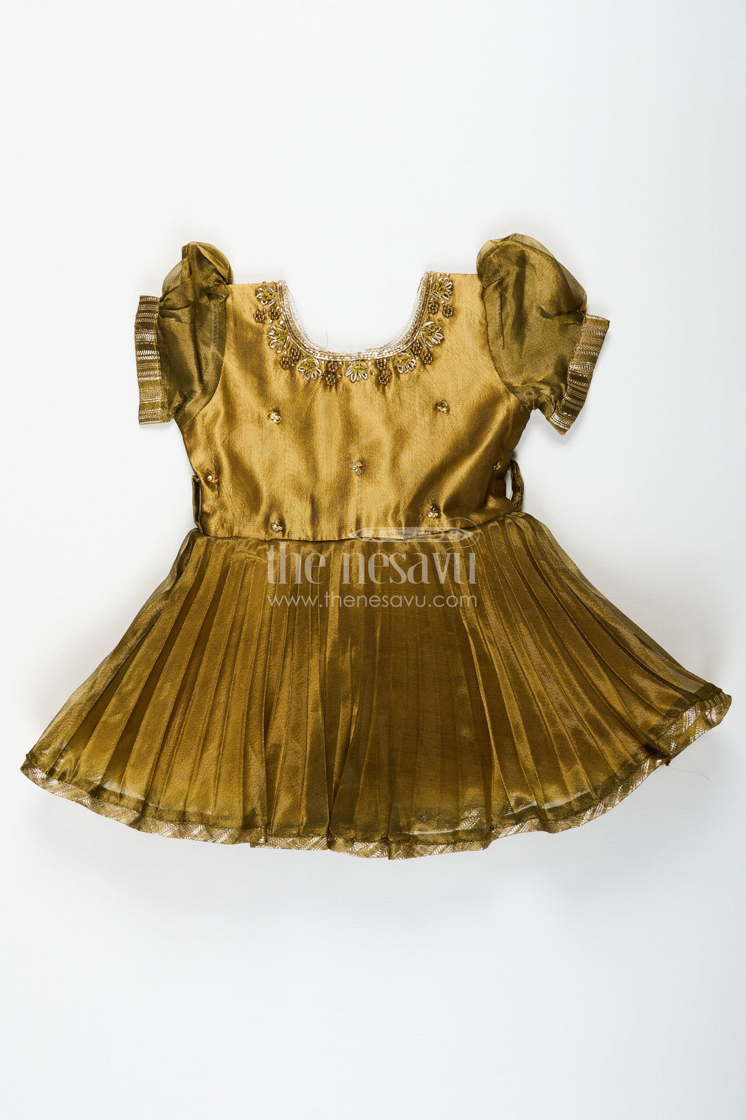 The Nesavu Silk Party Frock Girl Birthday Frock in Olive Tissue Blend Silk with Sequin Embellishments and Matching Dupatta Nesavu Girl Birthday Frock in Olive Tissue Silk with Sequins and Matching Dupatta for Traditional Glam | The Nesavu