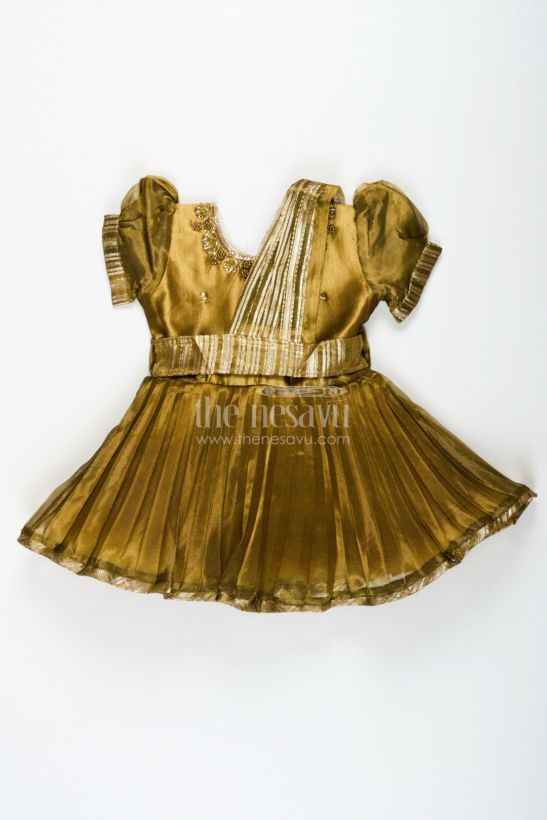 The Nesavu Silk Party Frock Girl Birthday Frock in Olive Tissue Blend Silk with Sequin Embellishments and Matching Dupatta Nesavu Girl Birthday Frock in Olive Tissue Silk with Sequins and Matching Dupatta for Traditional Glam | The Nesavu