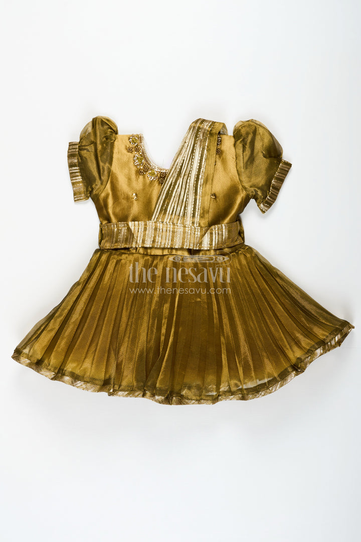 The Nesavu Silk Party Frock Girl Birthday Frock in Olive Tissue Blend Silk with Sequin Embellishments and Matching Dupatta Nesavu Girl Birthday Frock in Olive Tissue Silk with Sequins and Matching Dupatta for Traditional Glam | The Nesavu