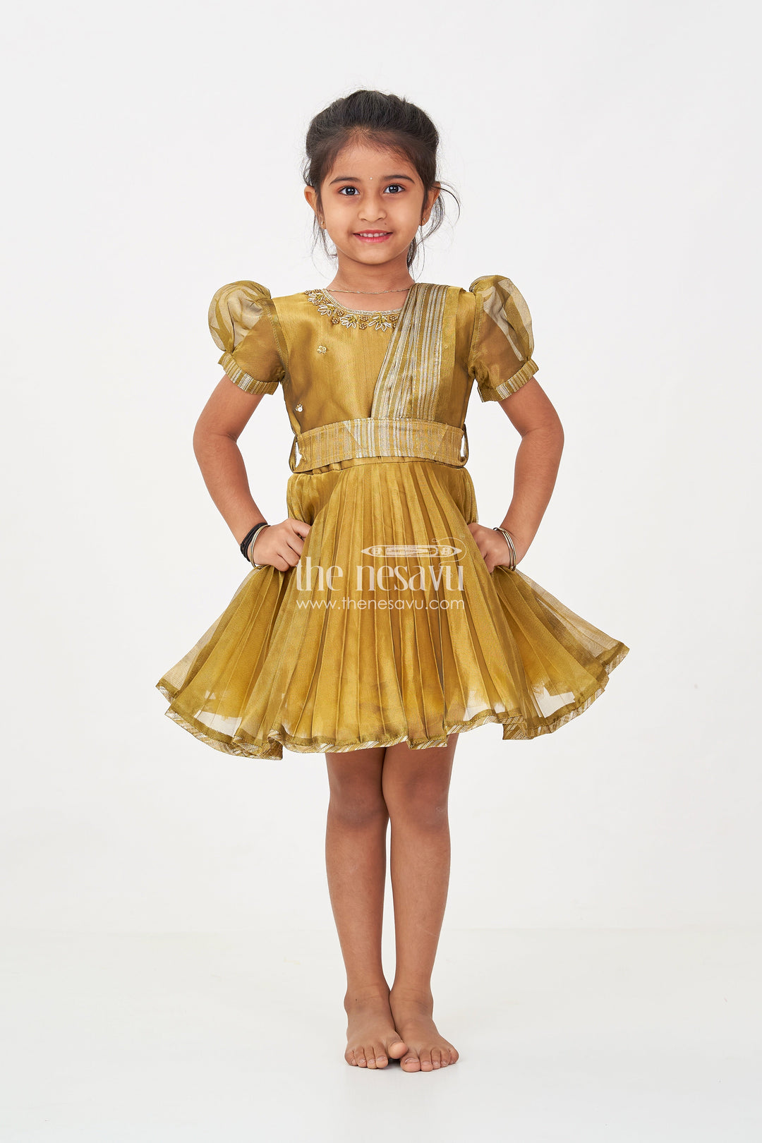 The Nesavu Silk Party Frock Girl Birthday Frock in Olive Tissue Blend Silk with Sequin Embellishments and Matching Dupatta Nesavu Girl Birthday Frock in Olive Tissue Silk with Sequins and Matching Dupatta for Traditional Glam | The Nesavu