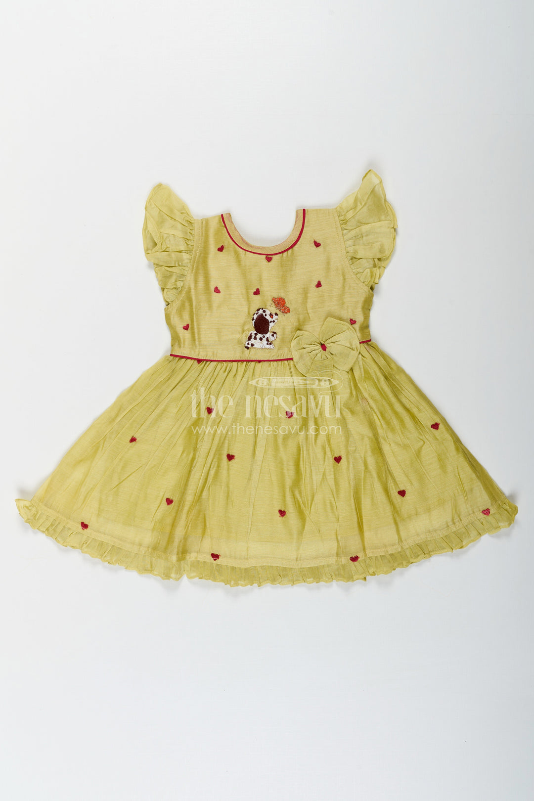 The Nesavu Girls Chanderi Frock Girls Acchi Acchi Frock in Chanderi with Animal Motif Embroidery and Ruffle Sleeves in Olive Green Nesavu 16 (1Y) / Green GFC1668A-16 Girls Acchi Acchi Frock Chanderi Embroidered Animal Motif Heart Accents | The Nesavu