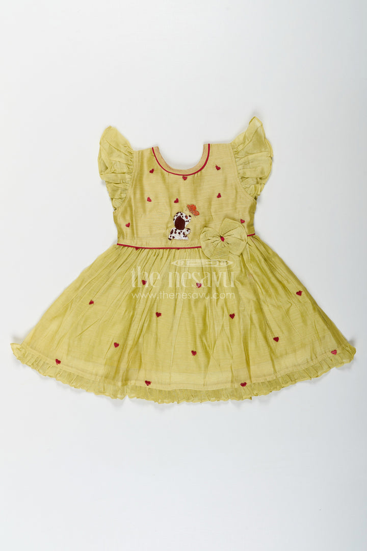 The Nesavu Girls Chanderi Frock Girls Acchi Acchi Frock in Chanderi with Animal Motif Embroidery and Ruffle Sleeves in Olive Green Nesavu 16 (1Y) / Green GFC1668A-16 Girls Acchi Acchi Frock Chanderi Embroidered Animal Motif Heart Accents | The Nesavu