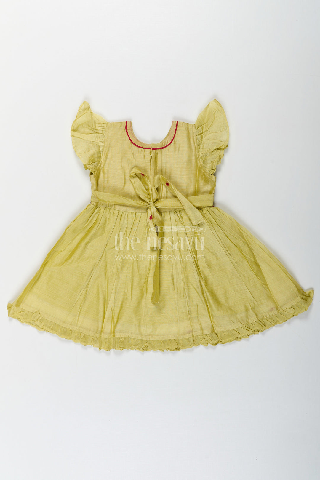 The Nesavu Girls Chanderi Frock Girls Acchi Acchi Frock in Chanderi with Animal Motif Embroidery and Ruffle Sleeves in Olive Green Nesavu Girls Acchi Acchi Frock Chanderi Embroidered Animal Motif Heart Accents | The Nesavu