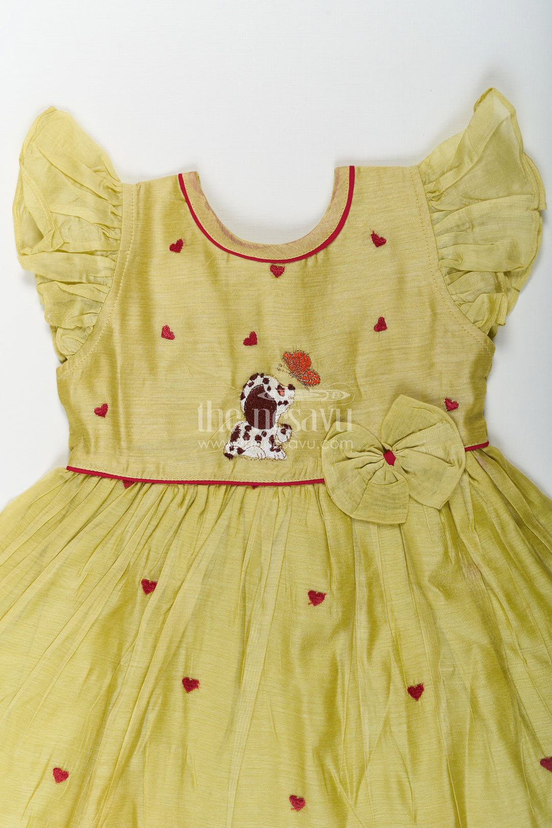 The Nesavu Girls Chanderi Frock Girls Acchi Acchi Frock in Chanderi with Animal Motif Embroidery and Ruffle Sleeves in Olive Green Nesavu Girls Acchi Acchi Frock Chanderi Embroidered Animal Motif Heart Accents | The Nesavu