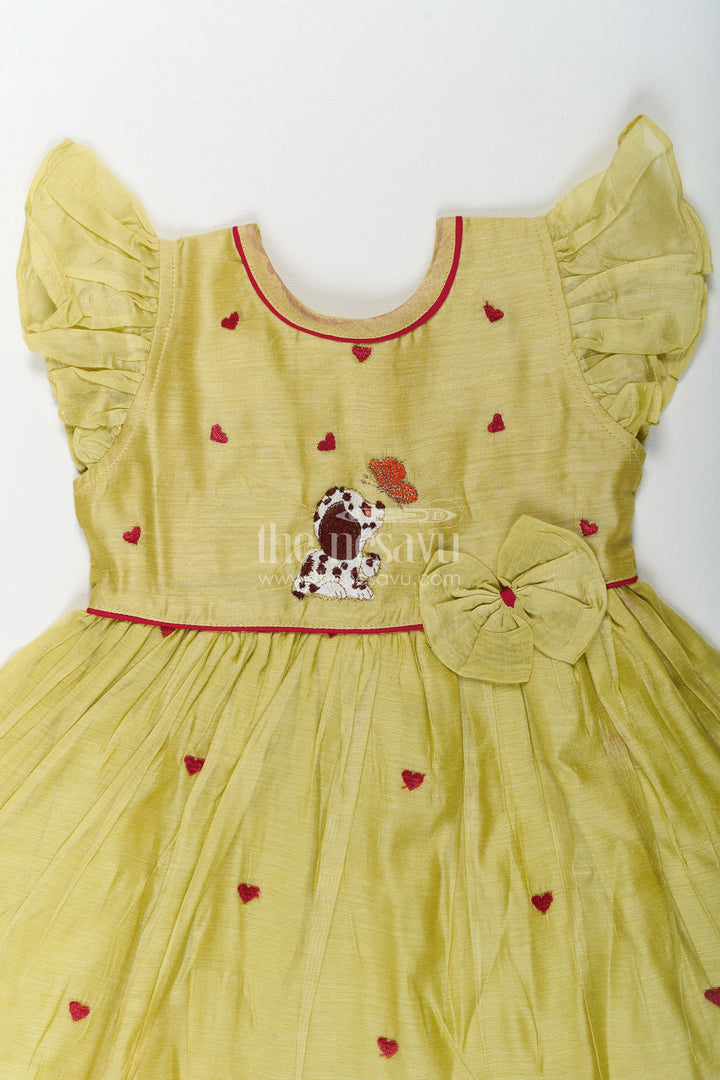 The Nesavu Girls Chanderi Frock Girls Acchi Acchi Frock in Chanderi with Animal Motif Embroidery and Ruffle Sleeves in Olive Green Nesavu Girls Acchi Acchi Frock Chanderi Embroidered Animal Motif Heart Accents | The Nesavu