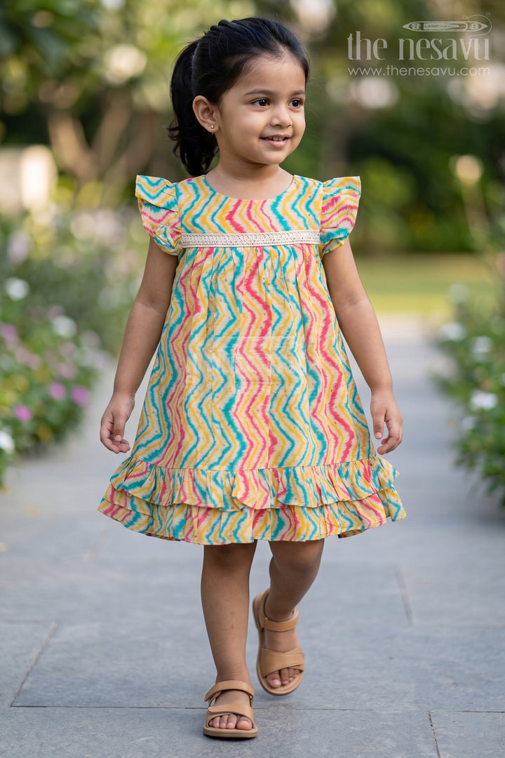 The Nesavu Girls Fancy Frock Girls Aesthetic Frock Design in Modal Silk with Multicolor Zigzag Print and Classic Ruffle Trims Nesavu 18 (2Y) / Yellow GFC1772A-18 Nesavu Girls Aesthetic Frock Design Modal Silk Zigzag Print Ruffle Sleeves