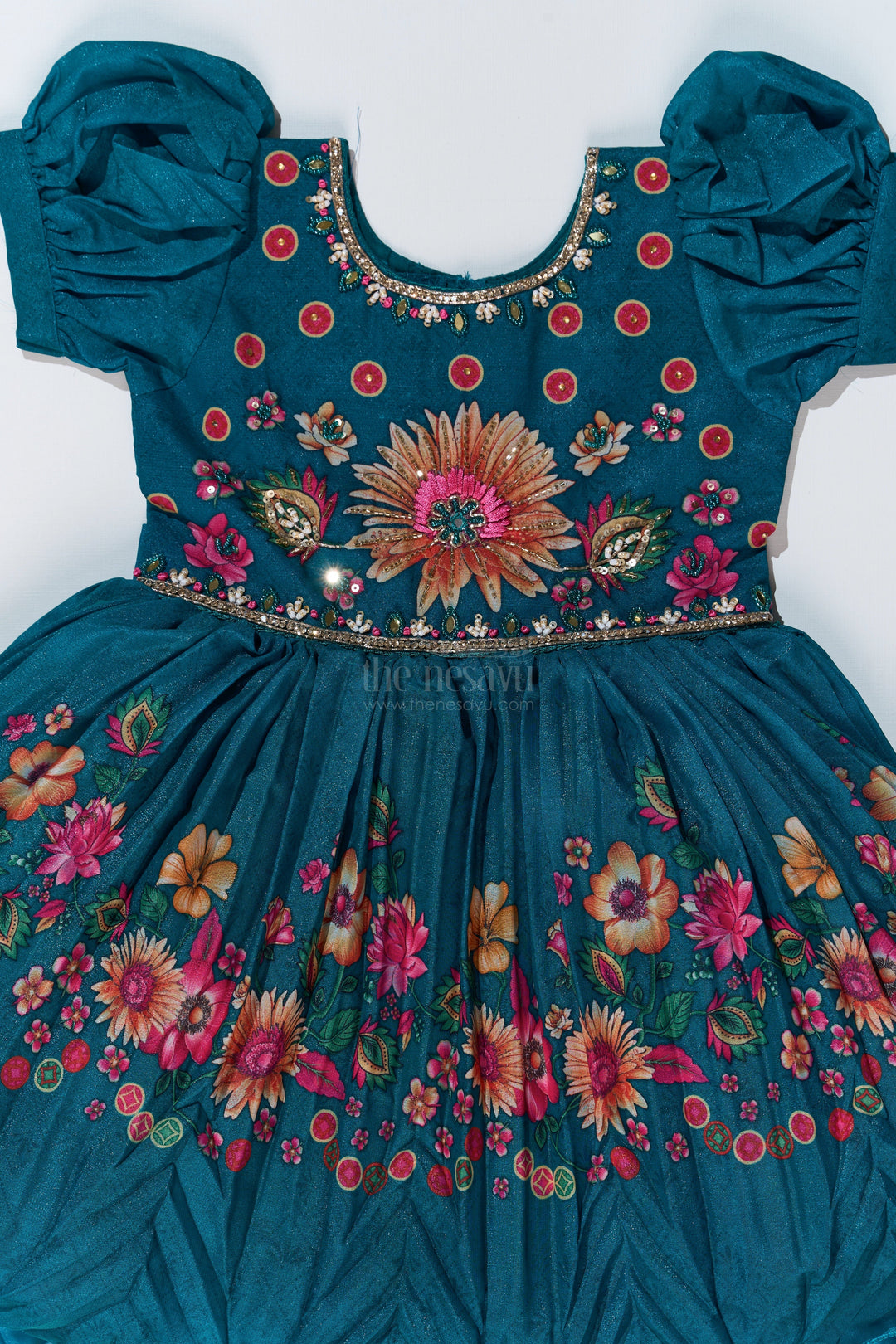 The Nesavu Silk Party Frock Girls Aesthetic Traditional Dress with Floral Embroidery and Elegant Puff Sleeves for Festive Wear Nesavu Girls Aesthetic Traditional Dress Floral Embroidery Elegant Puff Sleeves | The Nesavu
