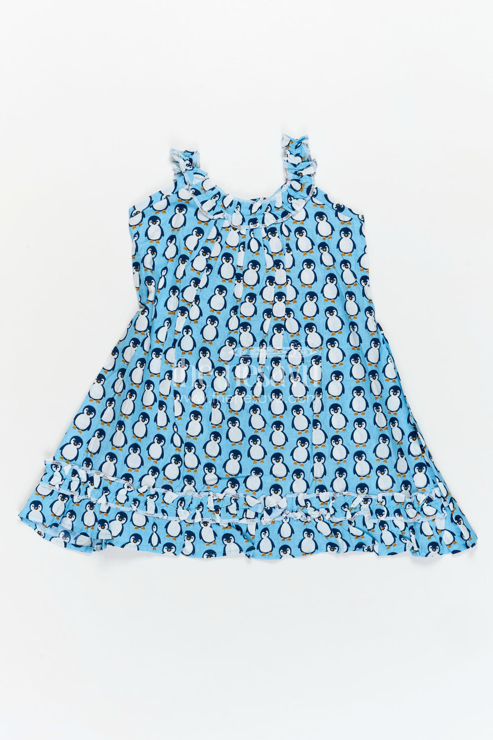 The Nesavu Girls Cotton Frock Girls Affordable Cotton Frock with Blue Penguin Hand Block Print and Frill Accents for Comfortable Wear Nesavu 18 (2Y) / Blue GFC1796A-18 Nesavu Blue Hand Block Printed Affordable Cotton Frock Girls Penguin Motif Ruffle Details