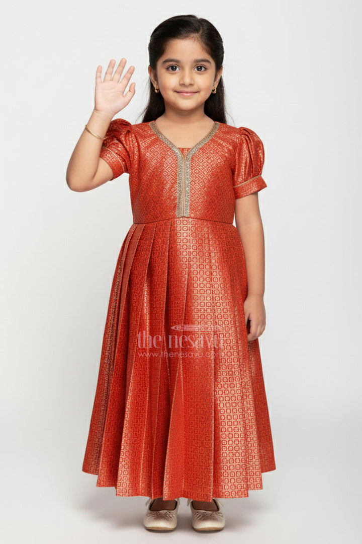 The Nesavu Girls Silk Gown Girls Anarkali Dress Design in Semi Banaras Silk with Rust Orange Zari Brocade and Flared Box Pleats Nesavu 20 (3Y) / Orange GA330D-20 Nesavu Girls Anarkali Dress Design Rust Orange Semi Banaras Silk Golden Zari Pleated Skirt