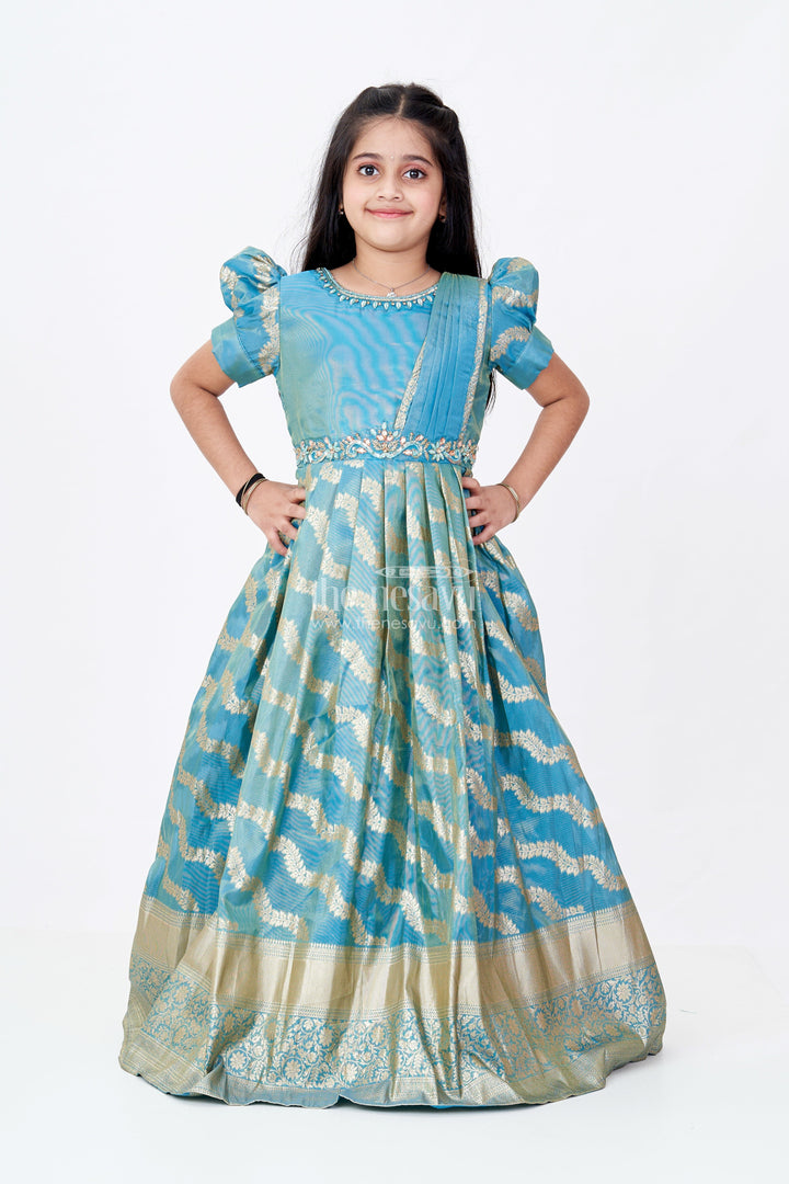 The Nesavu Girls Silk Gown Girls Anarkali Dress Green in Banarasi Silk Blend with Zari Jacquard Weave and Broad Golden Border Nesavu 24 (5Y) / Green GA308A-24 Girls Green Anarkali Dress Banarasi Silk Blend Zari Weaving Big Gold Border | The Nesavu