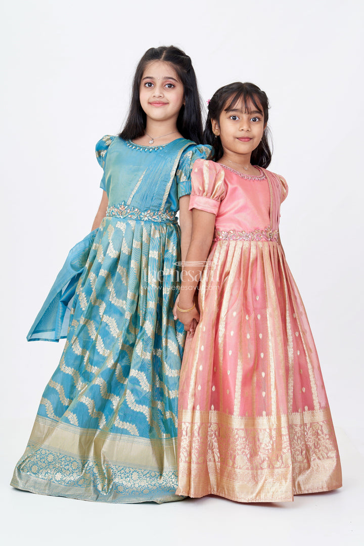 The Nesavu Girls Silk Gown Girls Anarkali Dress Green in Banarasi Silk Blend with Zari Jacquard Weave and Broad Golden Border Nesavu Girls Green Anarkali Dress Banarasi Silk Blend Zari Weaving Big Gold Border | The Nesavu