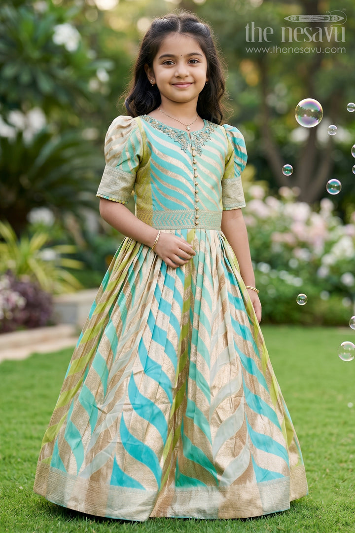 The Nesavu Girls Silk Gown Girls Anarkali Gown Silk in Banarasi Silk Blend with Jacquard Zari Weave and Bold Chevron Pattern Design Nesavu 18 (2Y) / Blue GA309A-18 Girls Anarkali Gown Silk Banarasi Jacquard Zari Chevron Design Embellished Neckline | The Nesavu