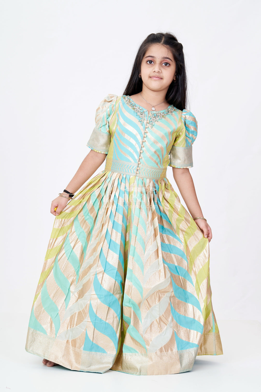 The Nesavu Girls Silk Gown Girls Anarkali Gown Silk in Banarasi Silk Blend with Jacquard Zari Weave and Bold Chevron Pattern Design Nesavu 18 (2Y) / Blue GA309A-18 Nesavu Girls Anarkali Gown Silk Banarasi Jacquard Zari Chevron Design Embellished Neckline