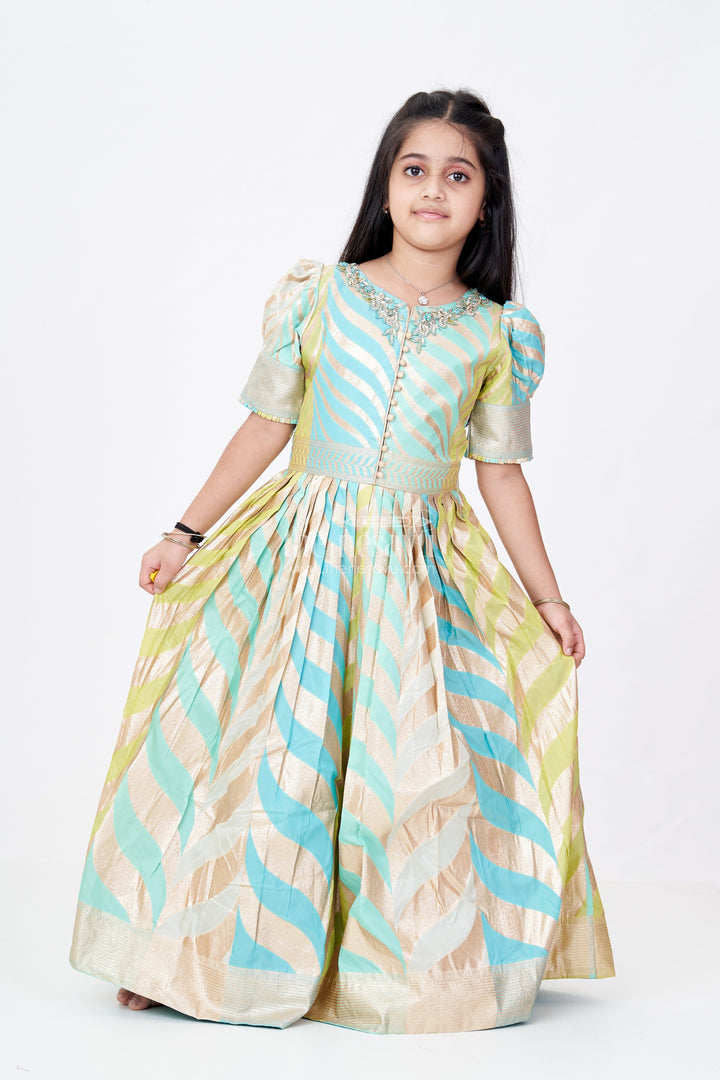 The Nesavu Girls Silk Gown Girls Anarkali Gown Silk in Banarasi Silk Blend with Jacquard Zari Weave and Bold Chevron Pattern Design Nesavu 18 (2Y) / Blue GA309A-18 Nesavu Girls Anarkali Gown Silk Banarasi Jacquard Zari Chevron Design Embellished Neckline