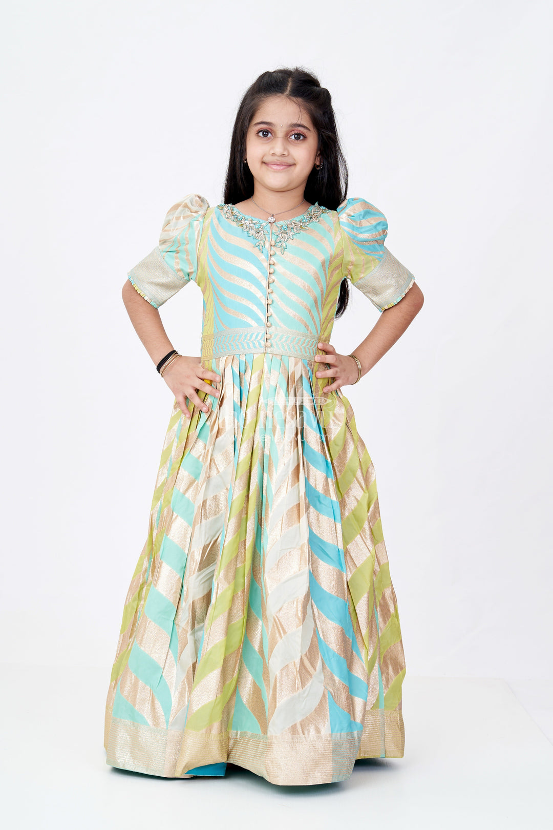 The Nesavu Girls Silk Gown Girls Anarkali Gown Silk in Banarasi Silk Blend with Jacquard Zari Weave and Bold Chevron Pattern Design Nesavu Girls Anarkali Gown Silk Banarasi Jacquard Zari Chevron Design Embellished Neckline | The Nesavu