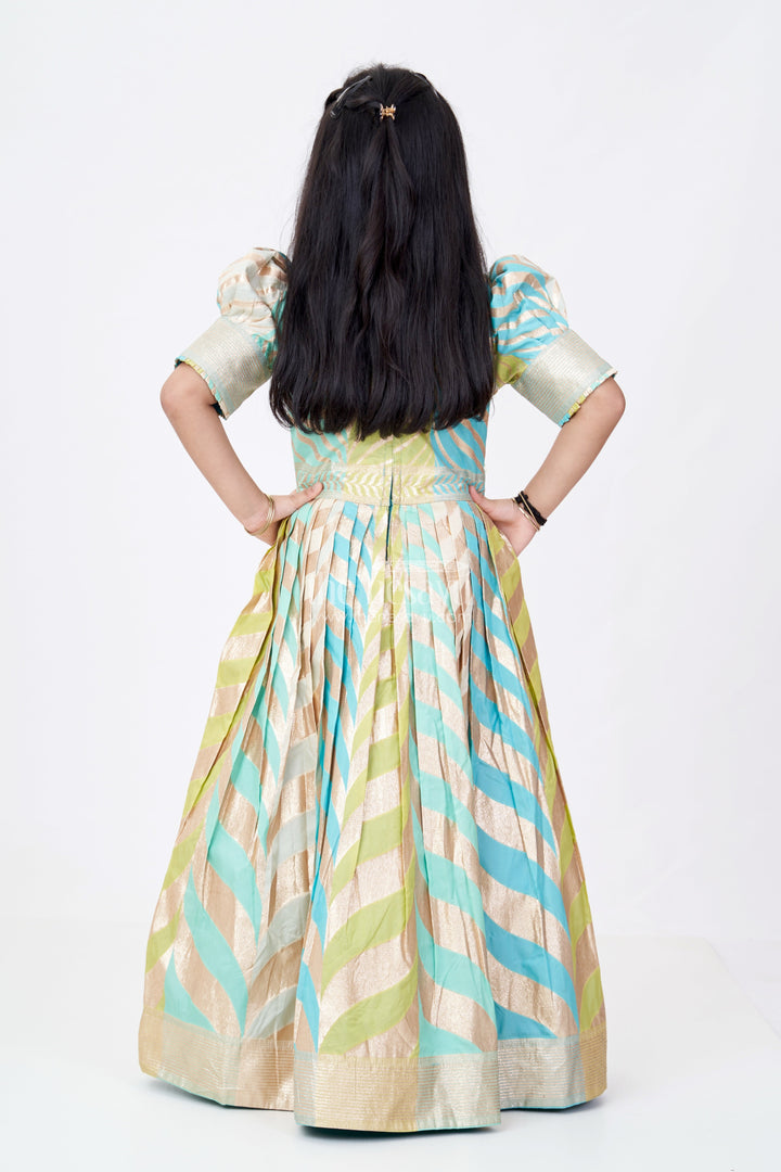 The Nesavu Girls Silk Gown Girls Anarkali Gown Silk in Banarasi Silk Blend with Jacquard Zari Weave and Bold Chevron Pattern Design Nesavu Nesavu Girls Anarkali Gown Silk Banarasi Jacquard Zari Chevron Design Embellished Neckline